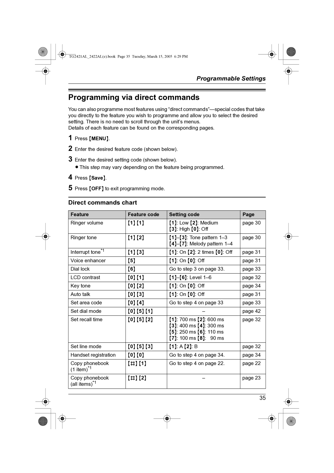 Panasonic KX-TG2421AL Programming via direct commands, Direct commands chart, Feature Feature code Setting code 