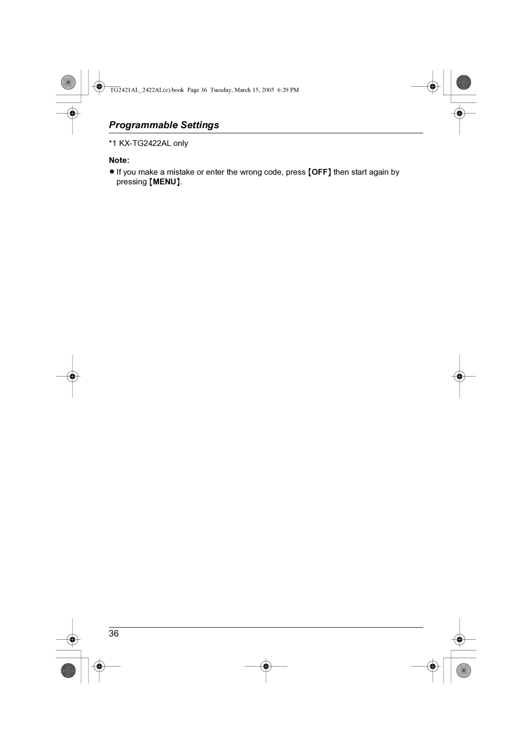 Panasonic KX-TG2421AL operating instructions TG2421AL2422ALe.book Page 36 Tuesday, March 15, 2005 629 PM 