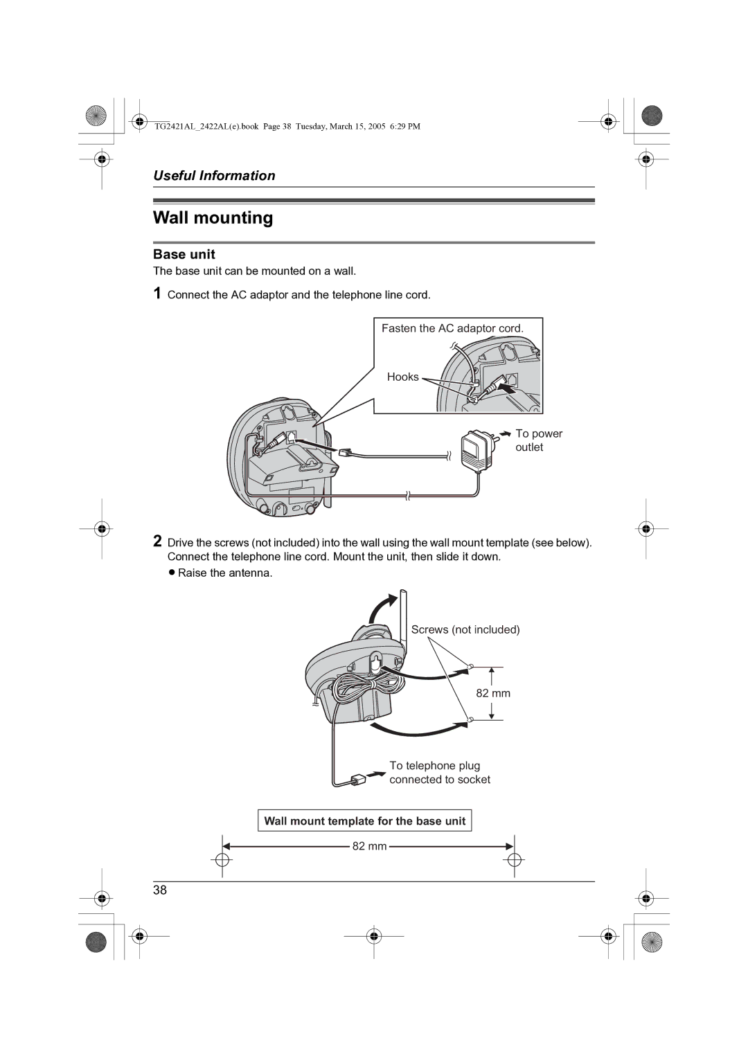 Panasonic KX-TG2421AL operating instructions Wall mounting, Base unit, Wall mount template for the base unit 