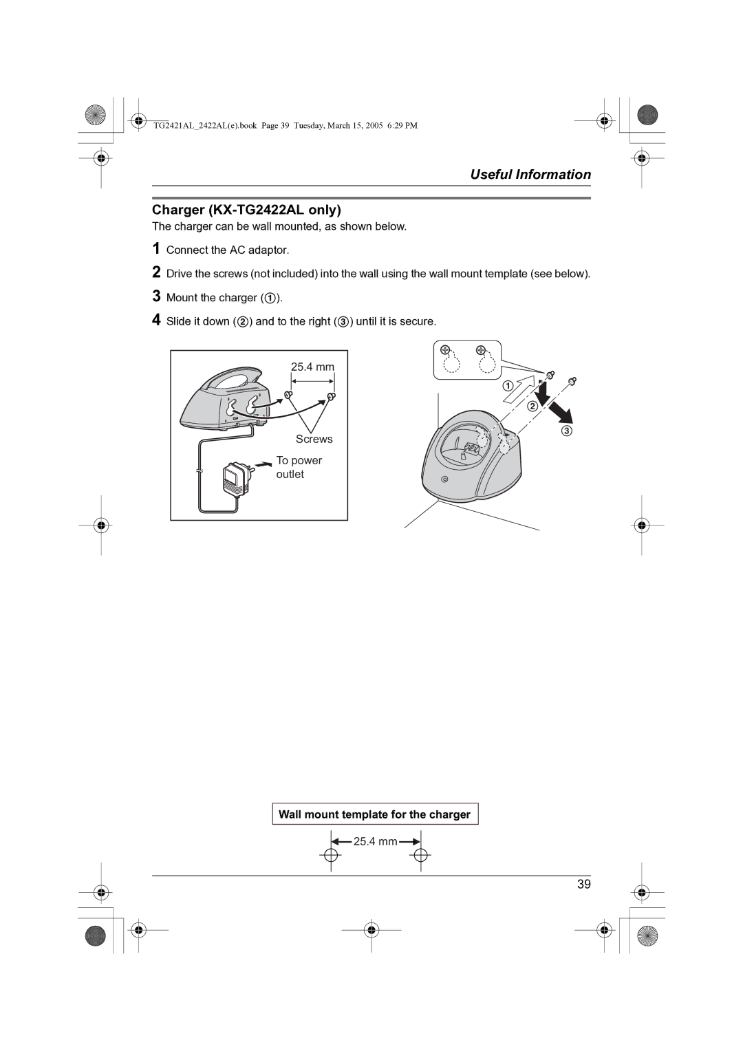 Panasonic KX-TG2421AL operating instructions Charger KX-TG2422AL only, Wall mount template for the charger 