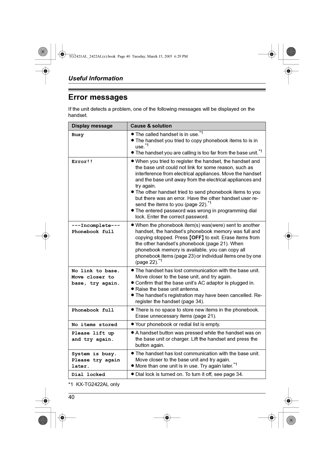 Panasonic KX-TG2421AL operating instructions Error messages 