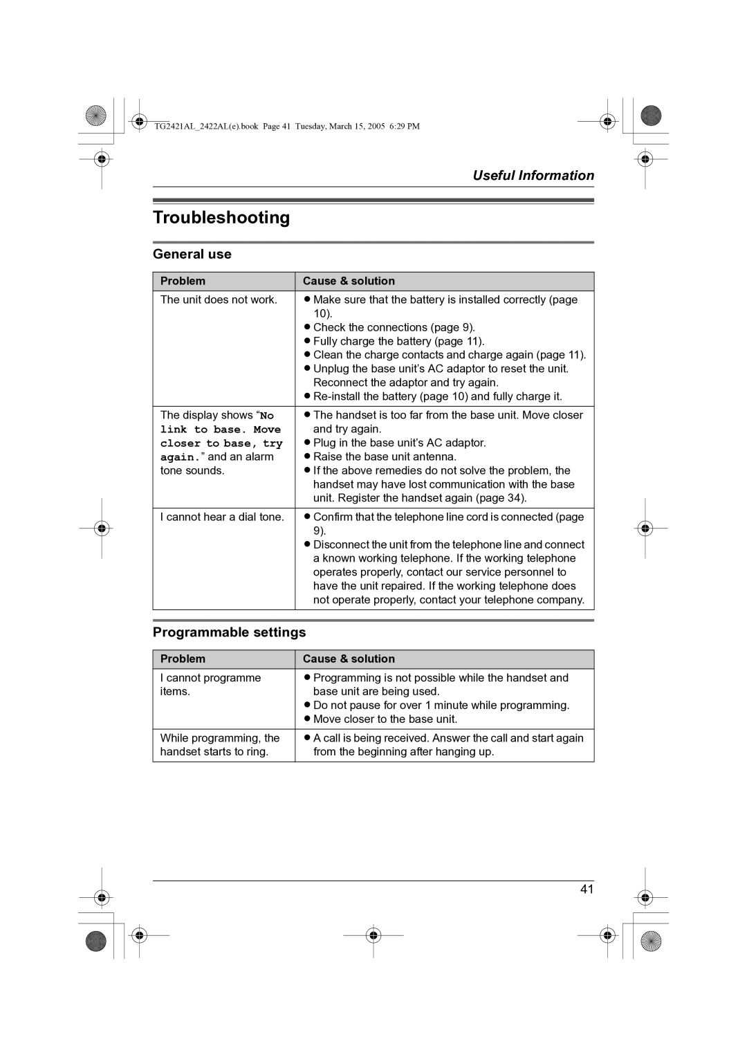 Panasonic KX-TG2421AL General use, Programmable settings, Problem Cause & solution, Link to base. Move 