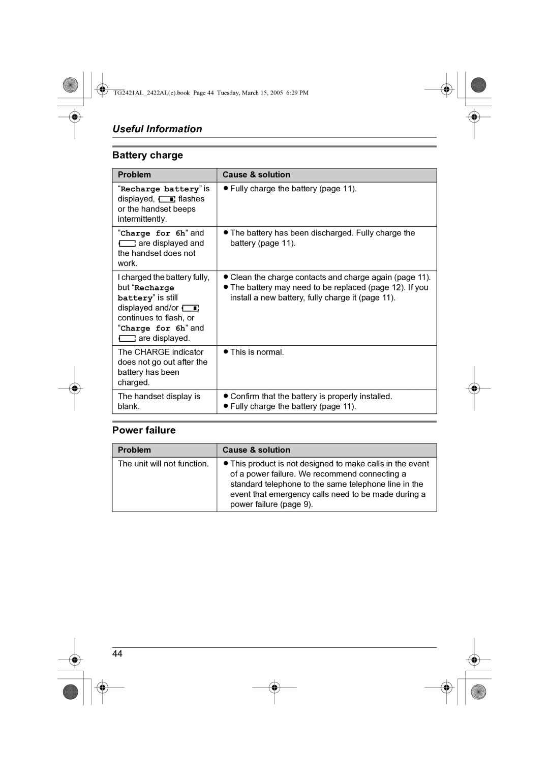 Panasonic KX-TG2421AL operating instructions Battery charge, Power failure, Recharge battery is, But Recharge 