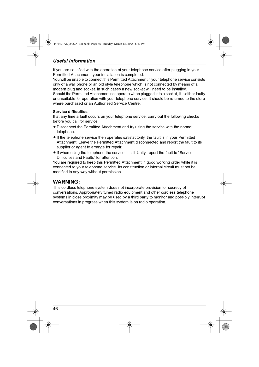 Panasonic KX-TG2421AL operating instructions Service difficulties 