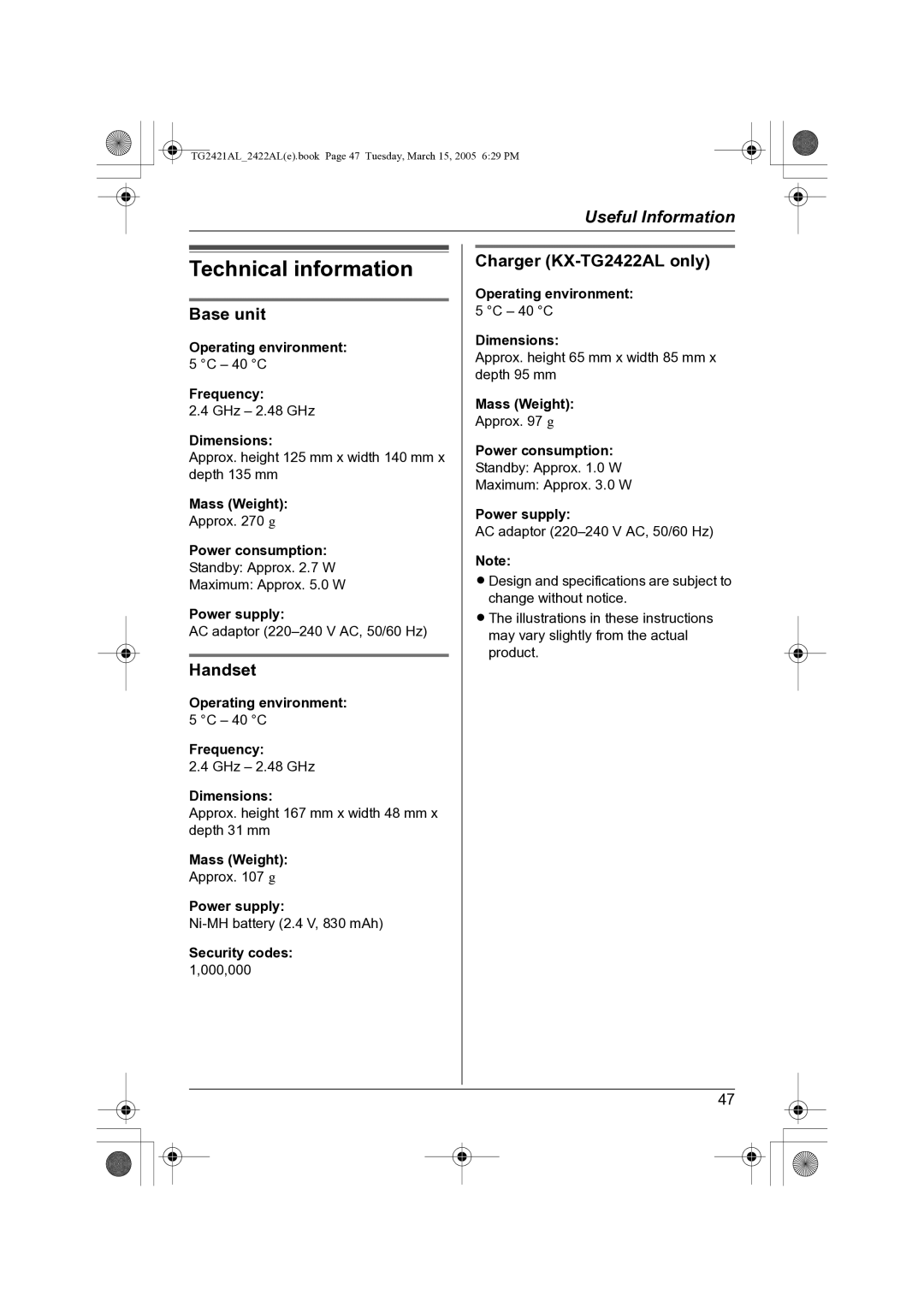 Panasonic KX-TG2421AL operating instructions Technical information, Handset 