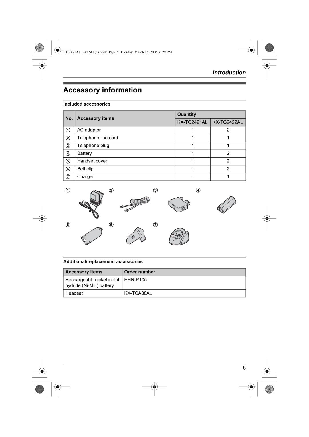 Panasonic KX-TG2421AL operating instructions Accessory information, Included accessories Accessory items Quantity 