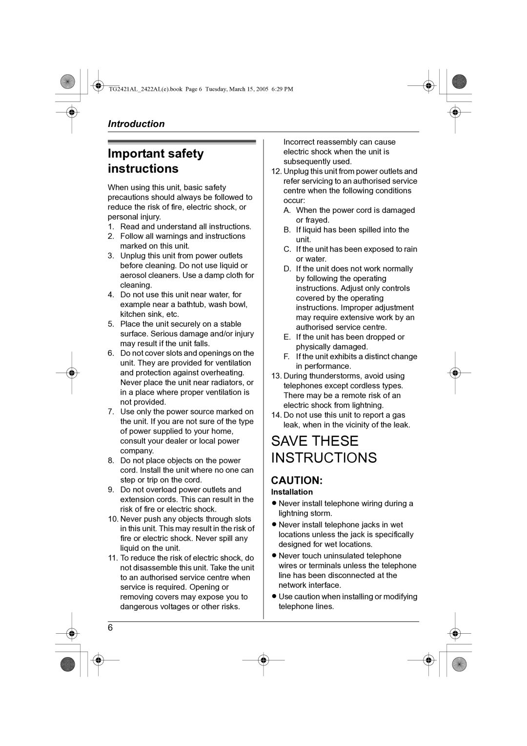 Panasonic KX-TG2421AL operating instructions Important safety instructions, Installation 