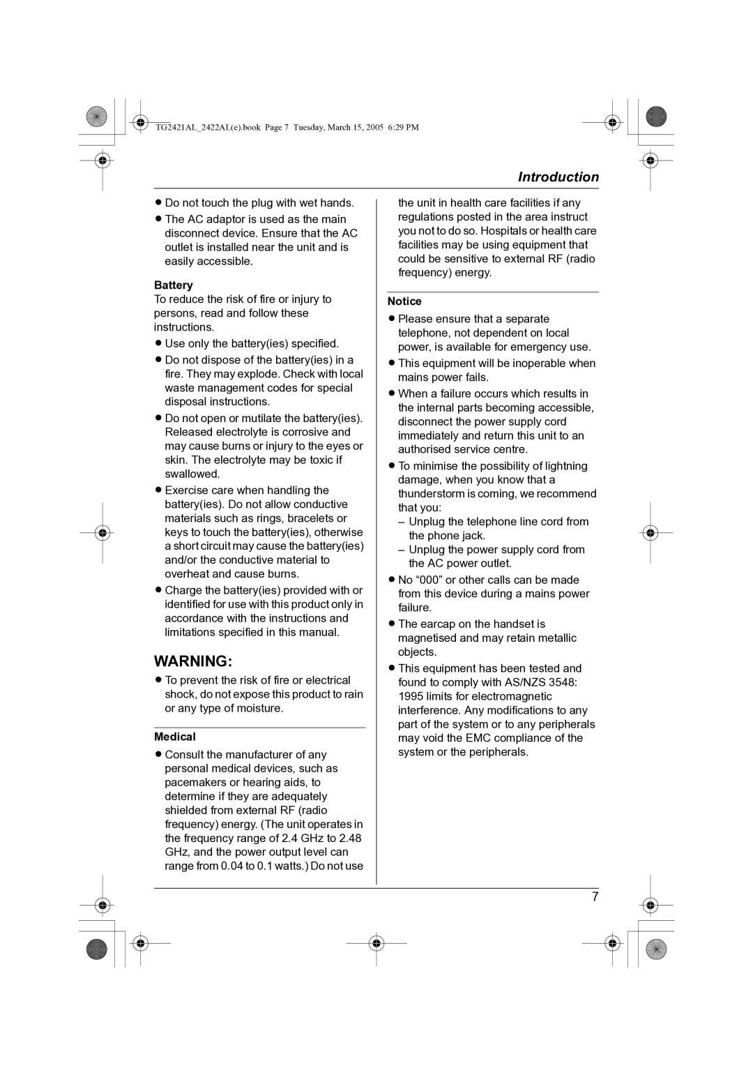 Panasonic KX-TG2421AL operating instructions Battery, Medical 