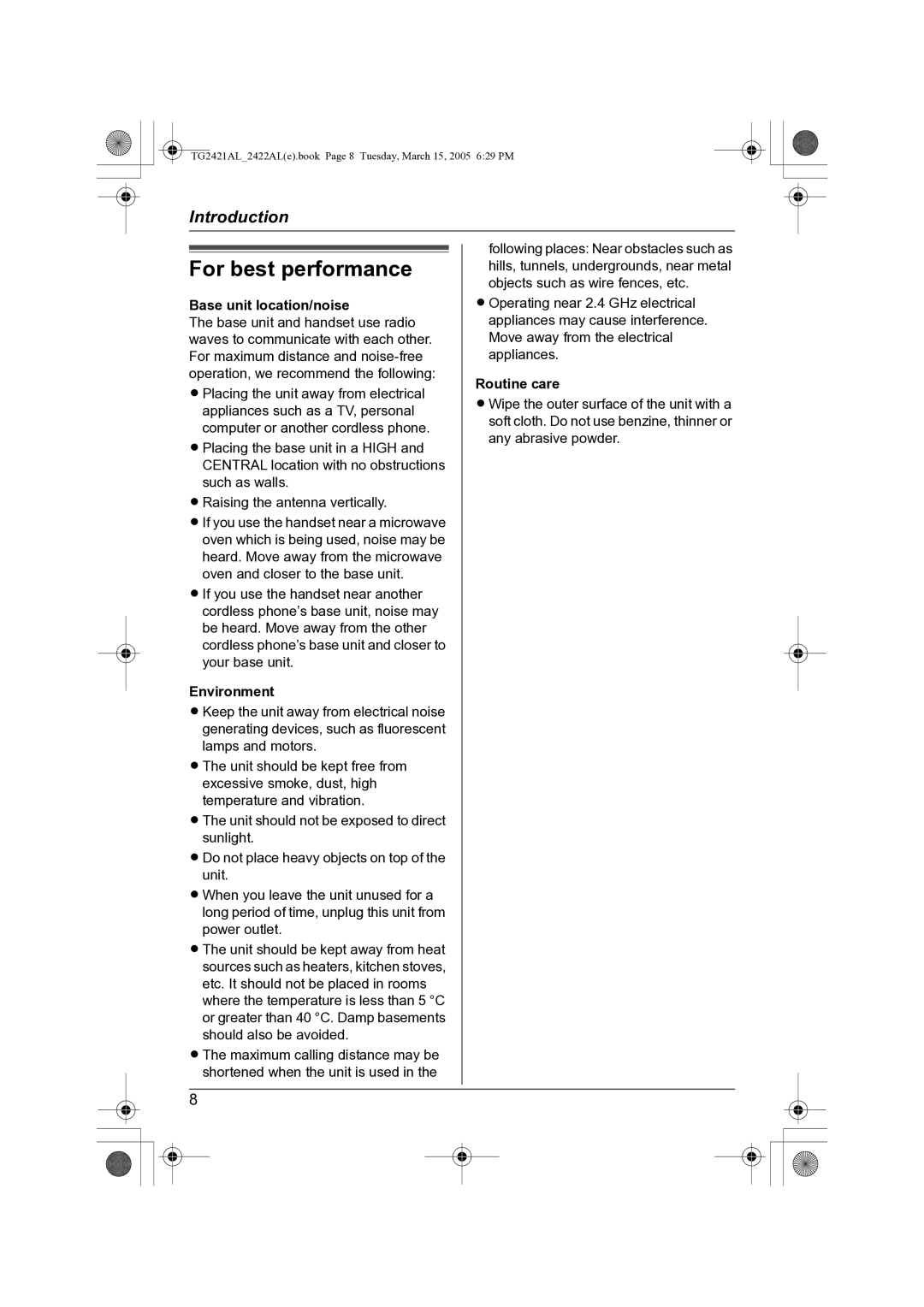 Panasonic KX-TG2421AL operating instructions For best performance, Base unit location/noise, Environment, Routine care 