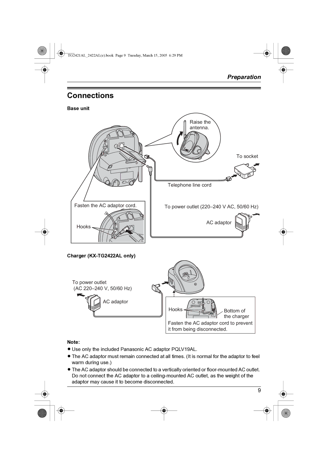 Panasonic KX-TG2421AL operating instructions Connections, Base unit, Charger KX-TG2422AL only 
