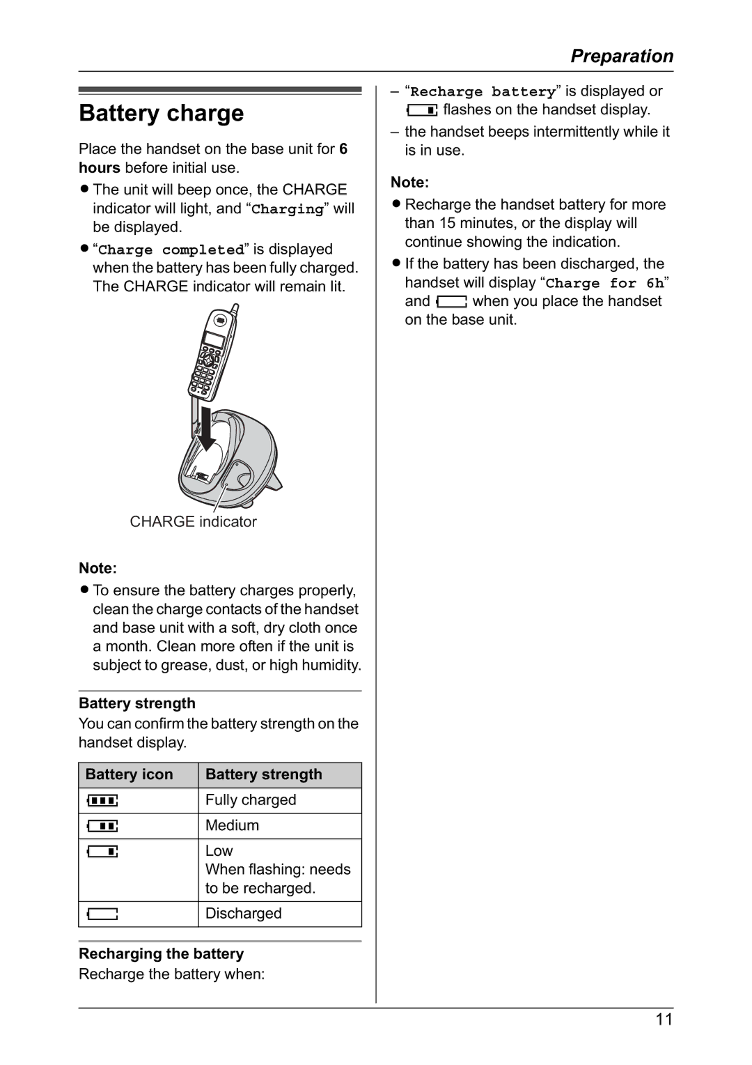 Panasonic KX-TG2421NZ operating instructions Battery charge, Battery icon Battery strength, Recharging the battery 