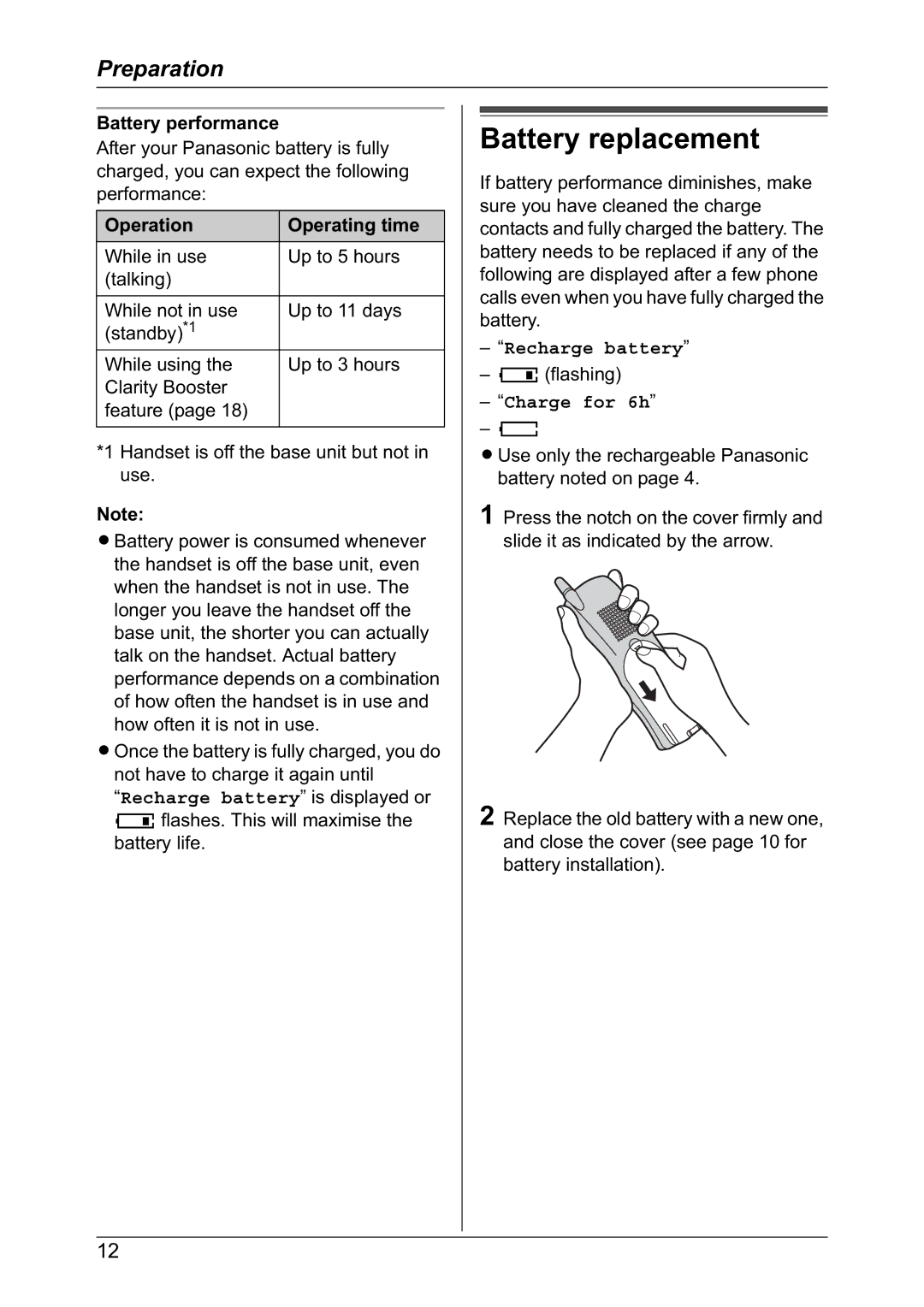 Panasonic KX-TG2421NZ operating instructions Battery replacement, Battery performance, Operation Operating time 