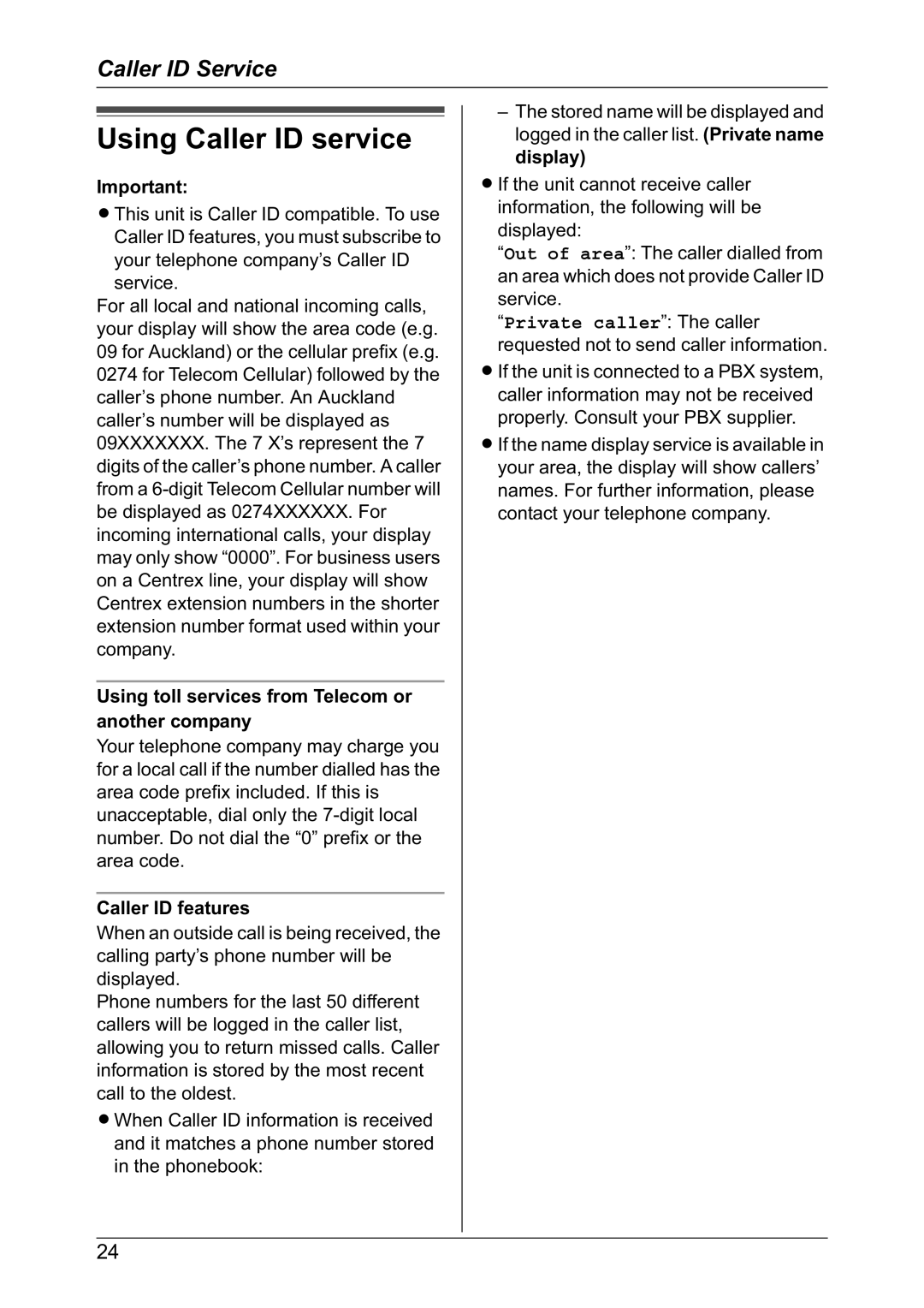 Panasonic KX-TG2421NZ Using Caller ID service, Using toll services from Telecom or another company, Caller ID features 