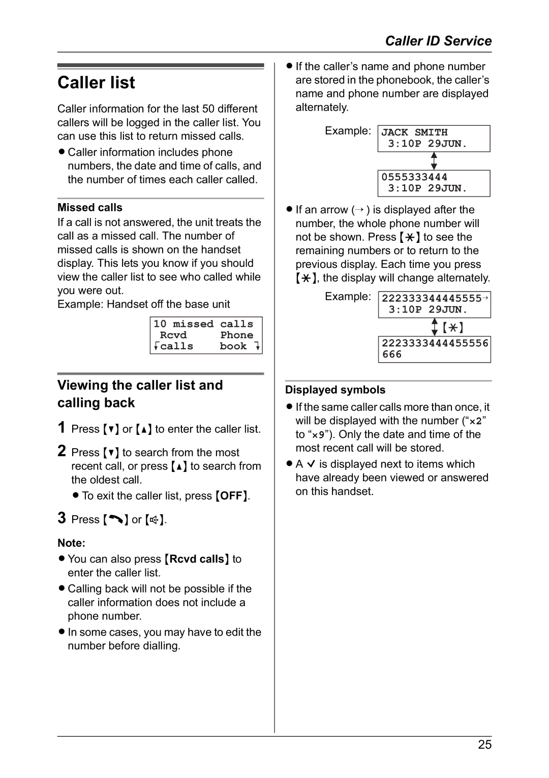 Panasonic KX-TG2421NZ Caller list, Viewing the caller list and calling back, Missed Calls Rcvd Phone Kcalls Book L 