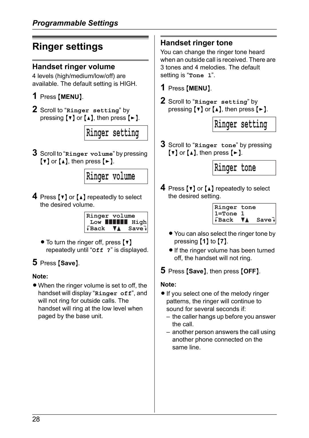 Panasonic KX-TG2421NZ Ringer settings, Handset ringer volume, Handset ringer tone, Ringer volume Low High KBack dB SaveL 