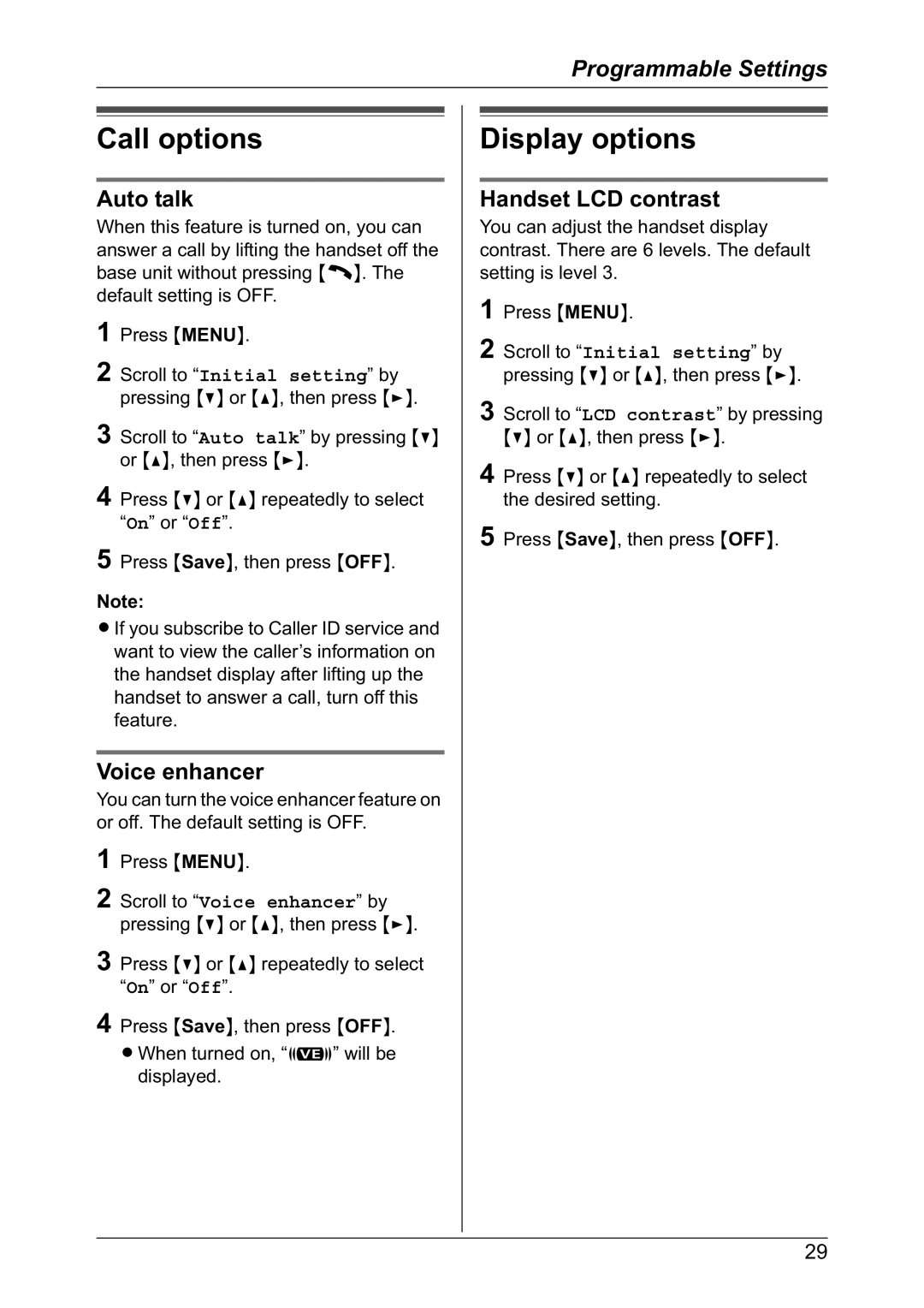 Panasonic KX-TG2421NZ operating instructions Call options, Display options, Auto talk, Handset LCD contrast 