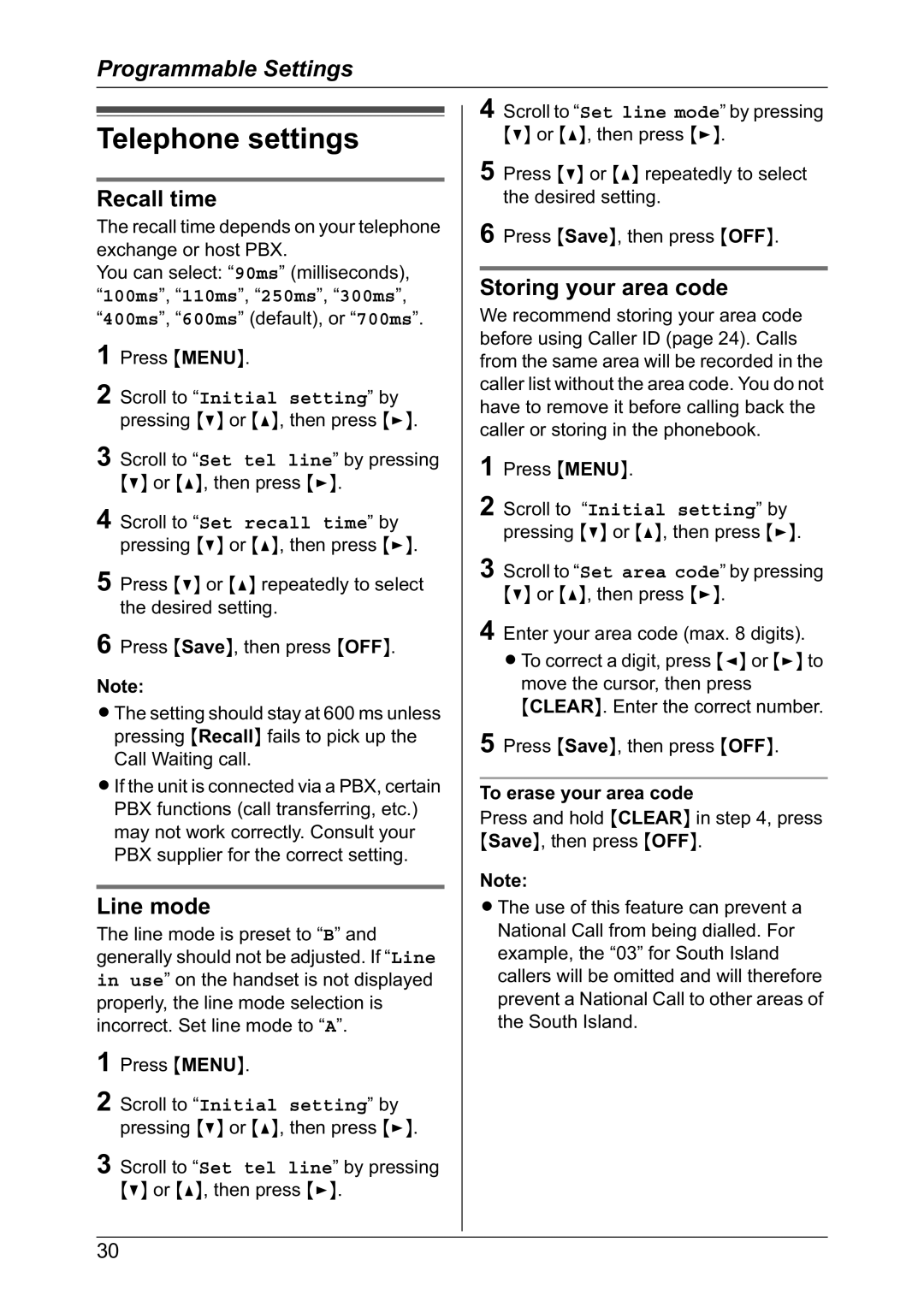 Panasonic KX-TG2421NZ Telephone settings, Recall time, Line mode, Storing your area code, To erase your area code 