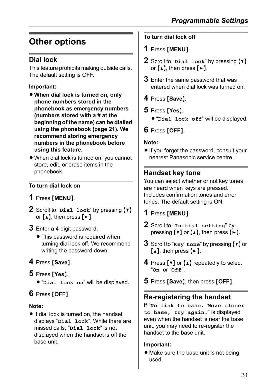 Panasonic KX-TG2421NZ operating instructions Other options, Dial lock, Handset key tone, Re-registering the handset 