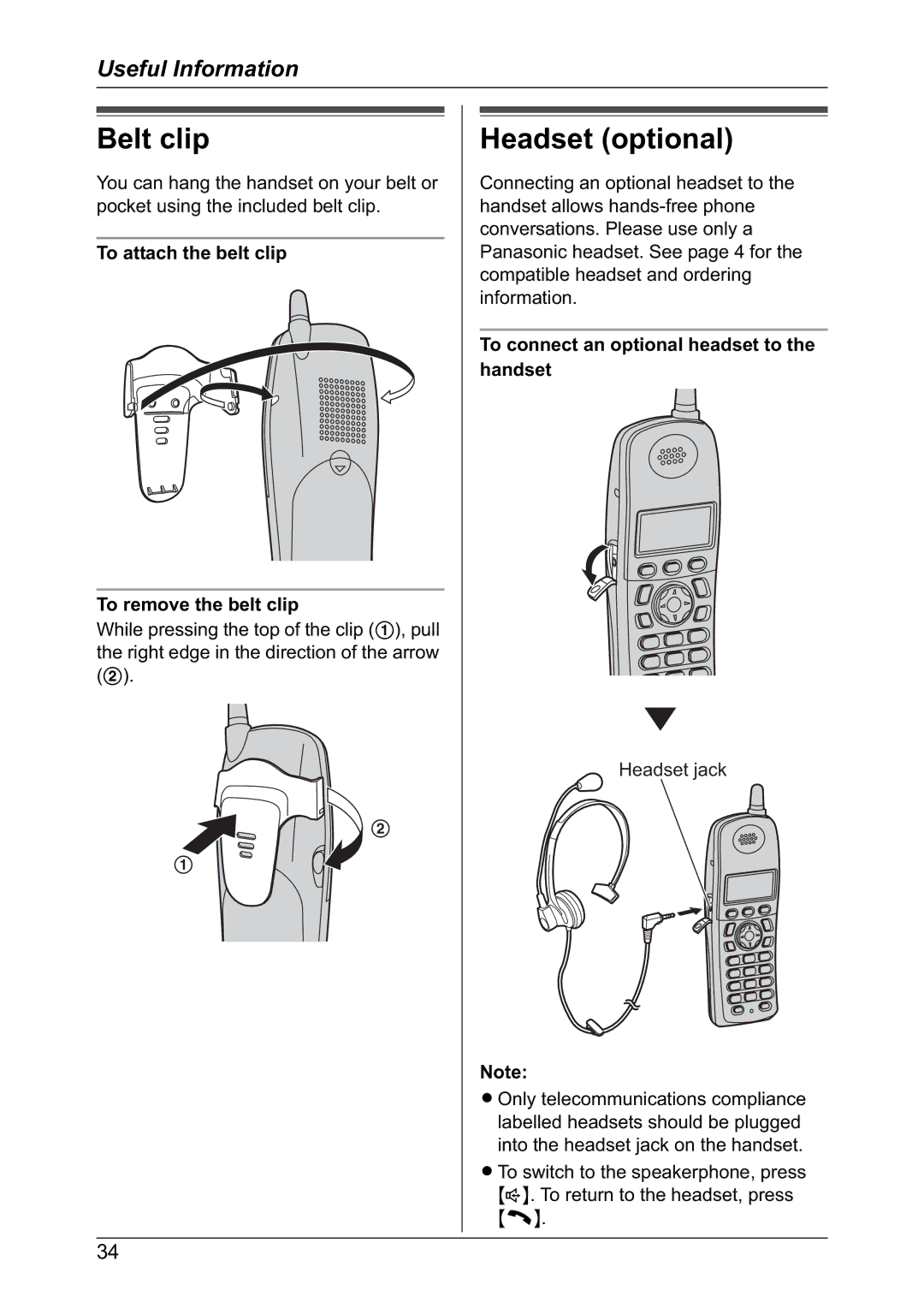 Panasonic KX-TG2421NZ operating instructions Belt clip, Headset optional, To attach the belt clip To remove the belt clip 