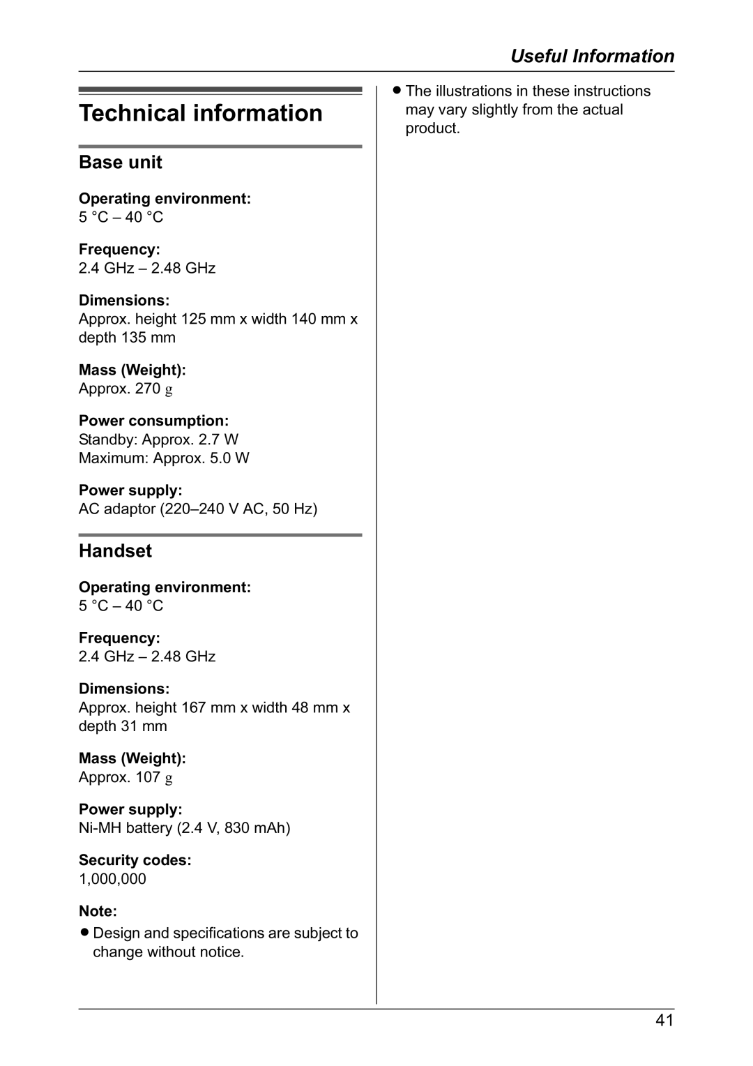 Panasonic KX-TG2421NZ operating instructions Technical information, Base unit, Handset 