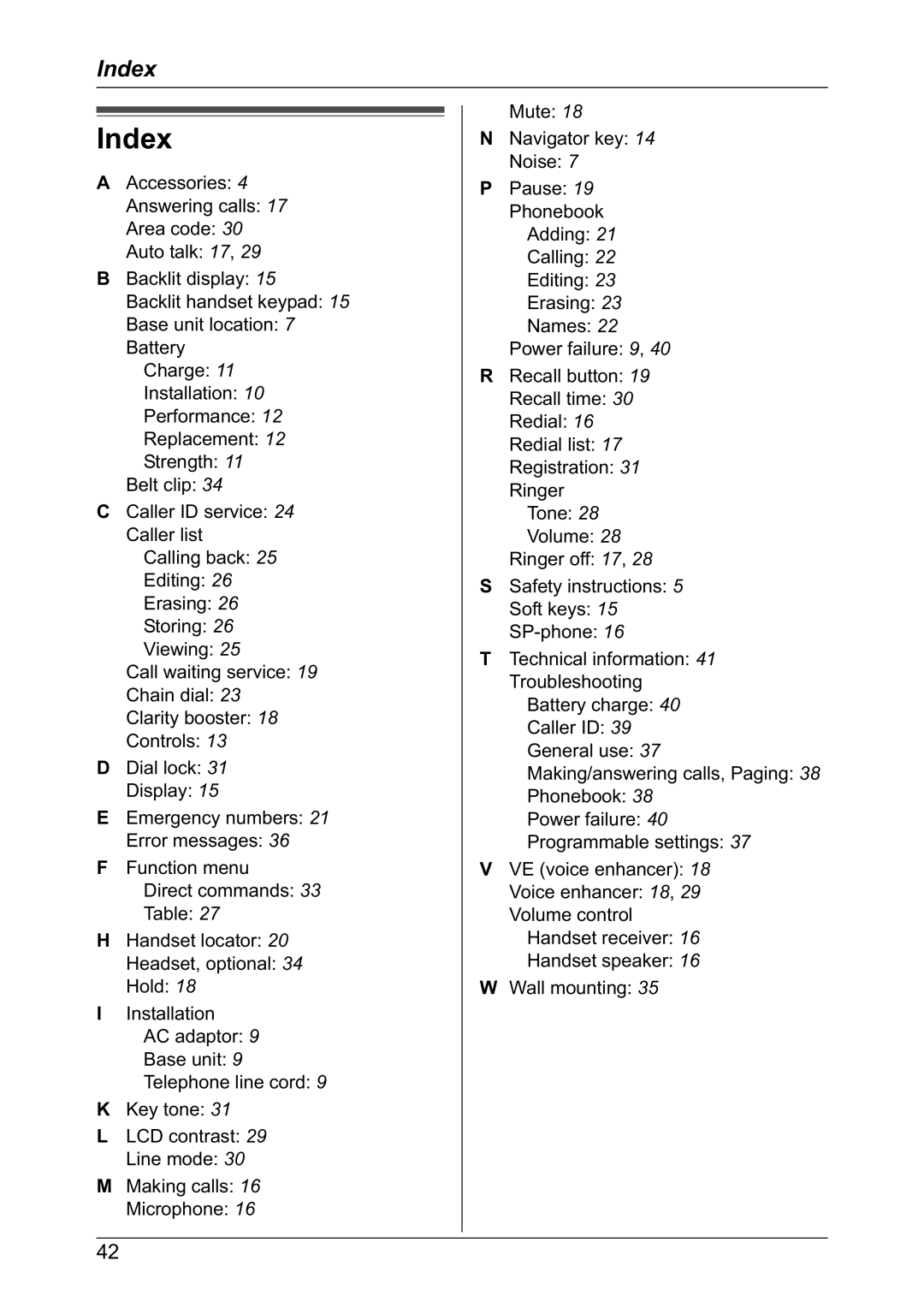 Panasonic KX-TG2421NZ operating instructions Index 