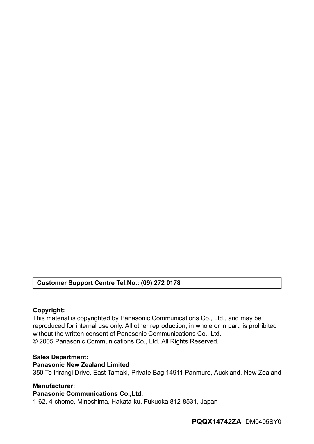 Panasonic KX-TG2421NZ operating instructions Manufacturer 