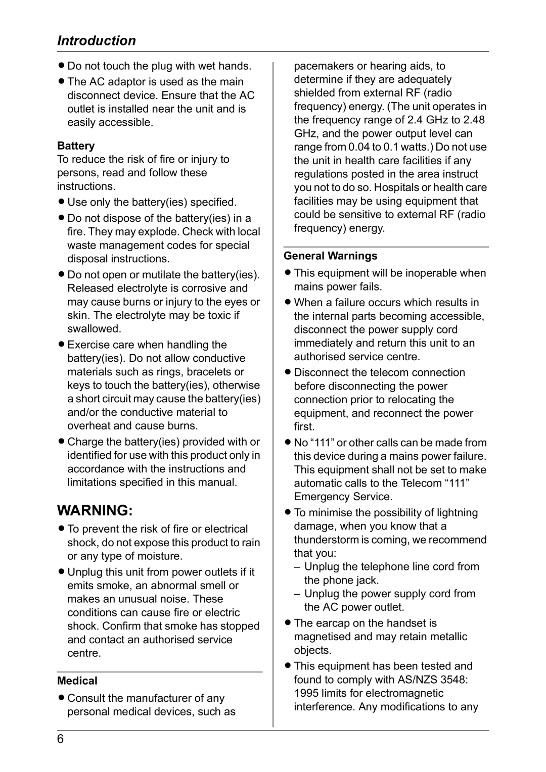 Panasonic KX-TG2421NZ operating instructions Battery, Medical, General Warnings 