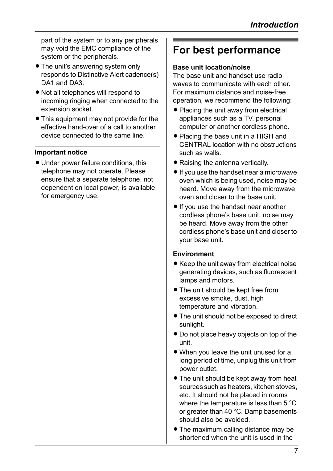 Panasonic KX-TG2421NZ operating instructions For best performance, Important notice, Base unit location/noise, Environment 