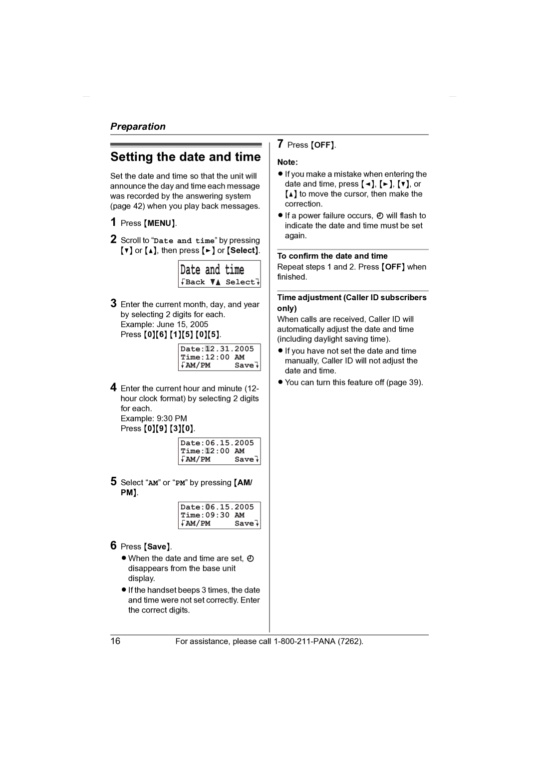 Panasonic KX-TG2431 Setting the date and time, KBack dB SelectL, Date12.31.2005 Time1200 AM KAM/PM SaveL 