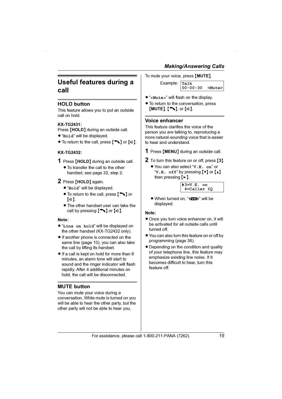 Panasonic KX-TG2431 operating instructions Useful features during a call, Hold button, Mute button, Voice enhancer 