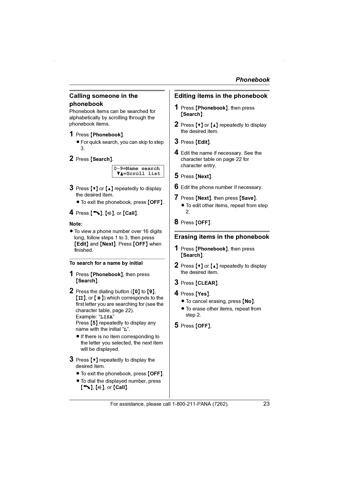 Panasonic KX-TG2431 Calling someone in the phonebook, Editing items in the phonebook, Erasing items in the phonebook 