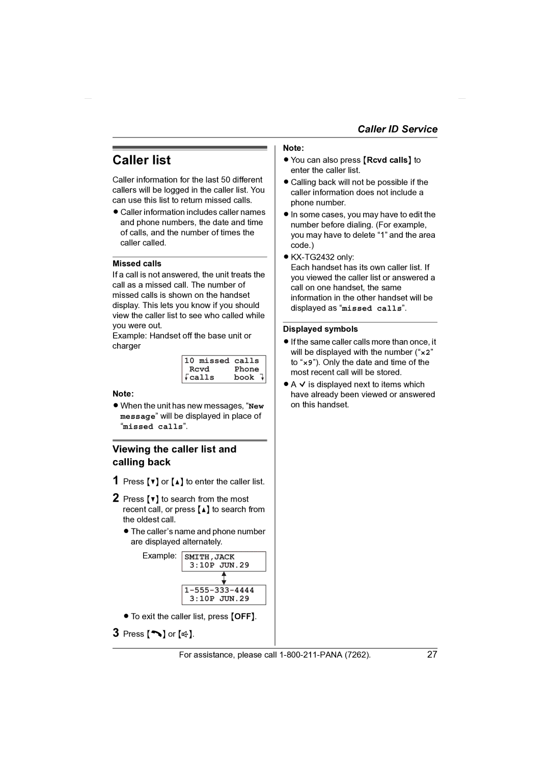 Panasonic KX-TG2431 Caller list, Viewing the caller list and calling back, Missed Calls Rcvd Phone Kcalls Book L 