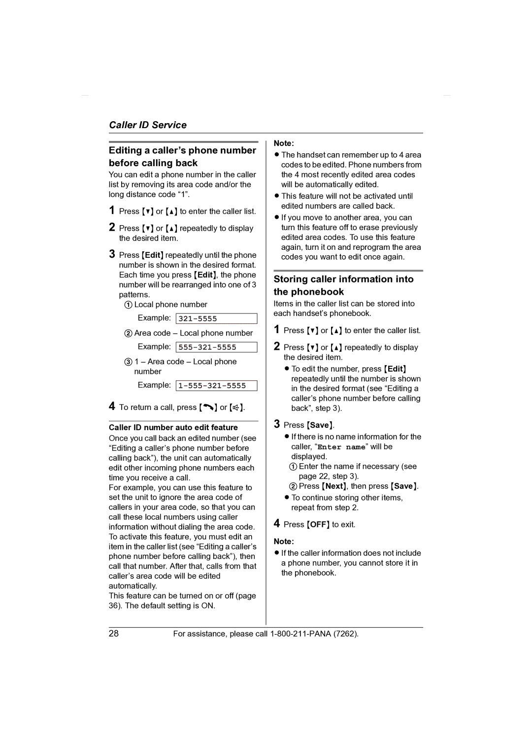 Panasonic KX-TG2431 Editing a caller’s phone number before calling back, Storing caller information into the phonebook 