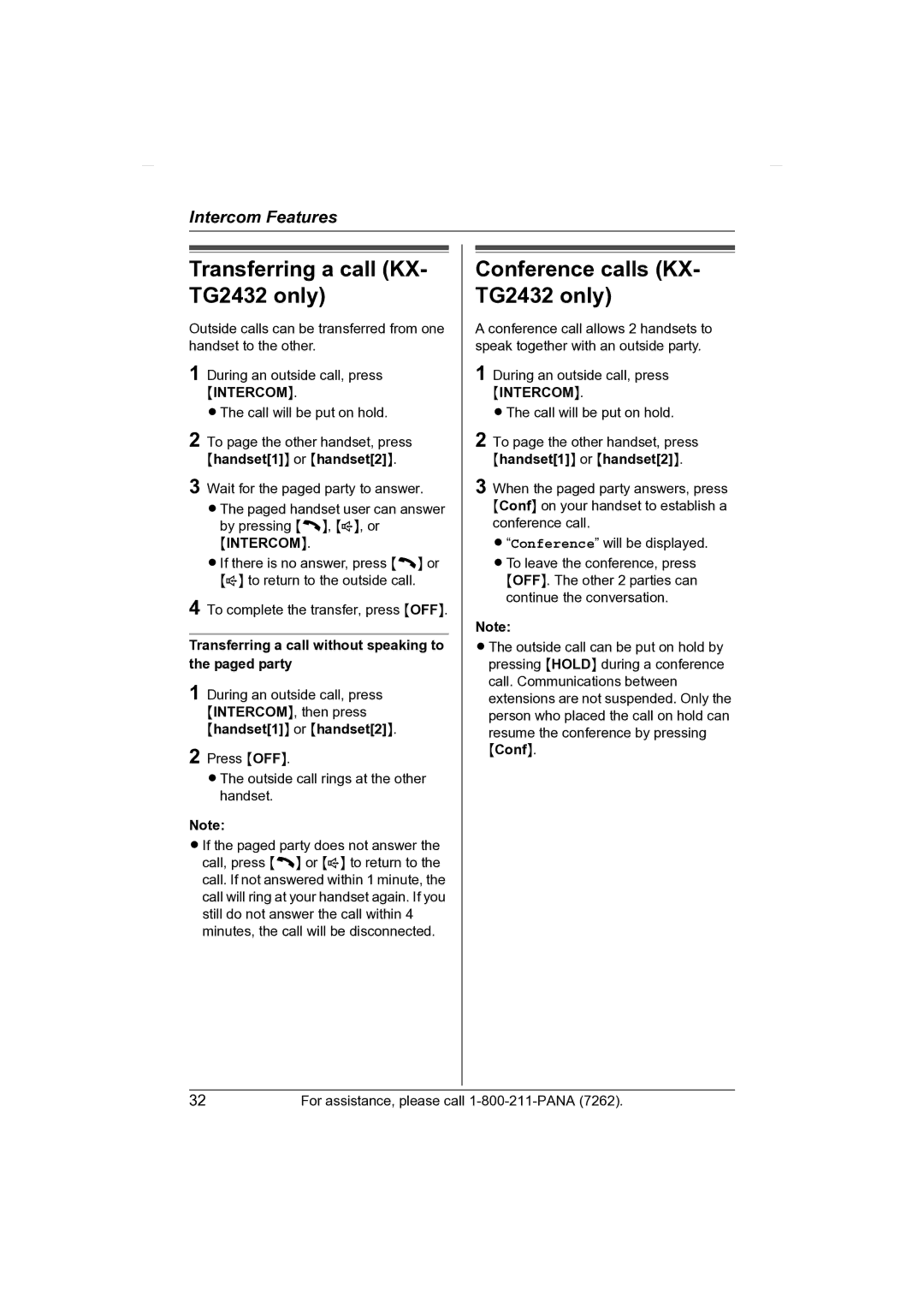 Panasonic KX-TG2431 Transferring a call KX Conference calls KX TG2432 only, Handset1 or handset2, Paged party 