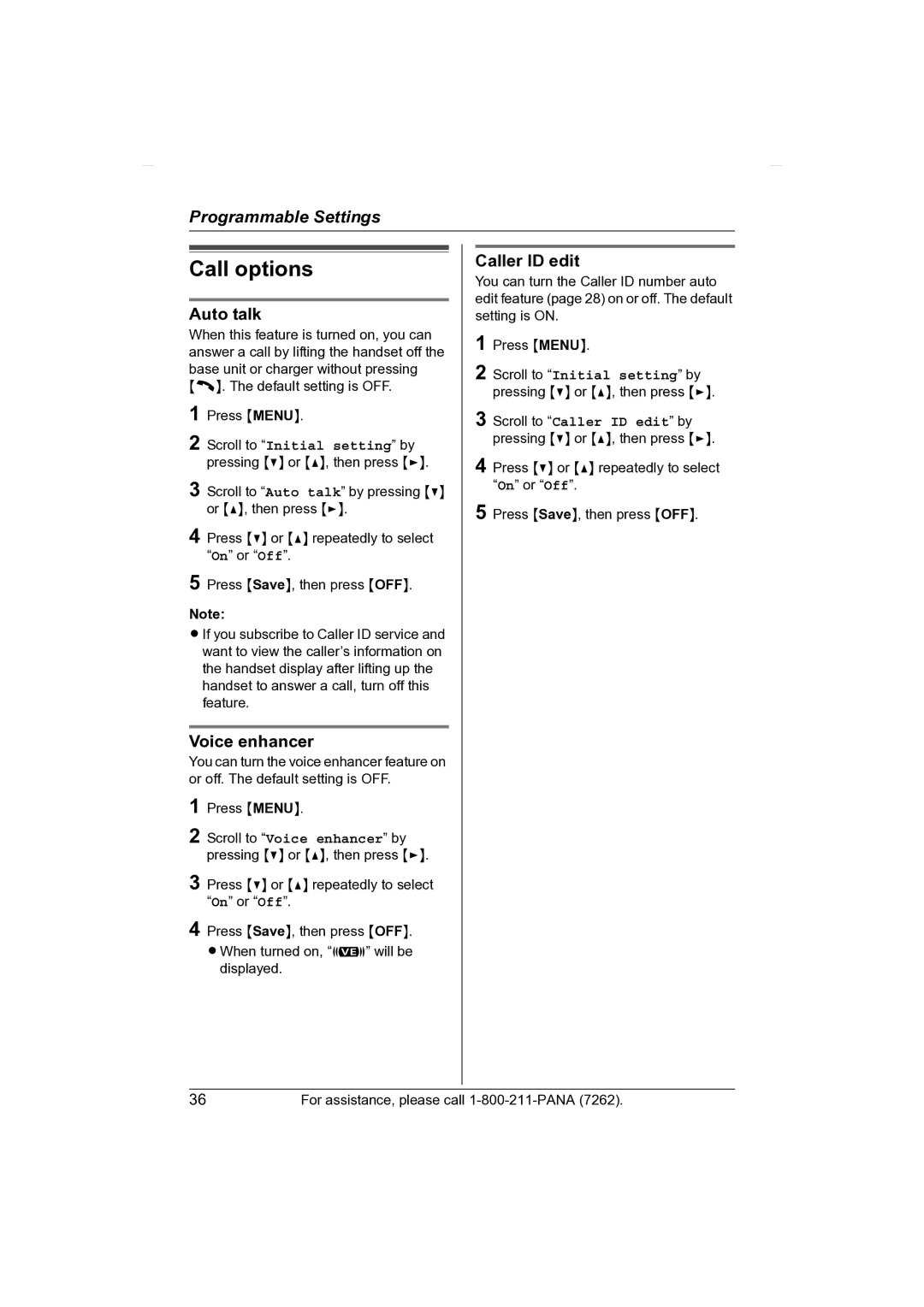 Panasonic KX-TG2431 operating instructions Call options, Auto talk, Caller ID edit 