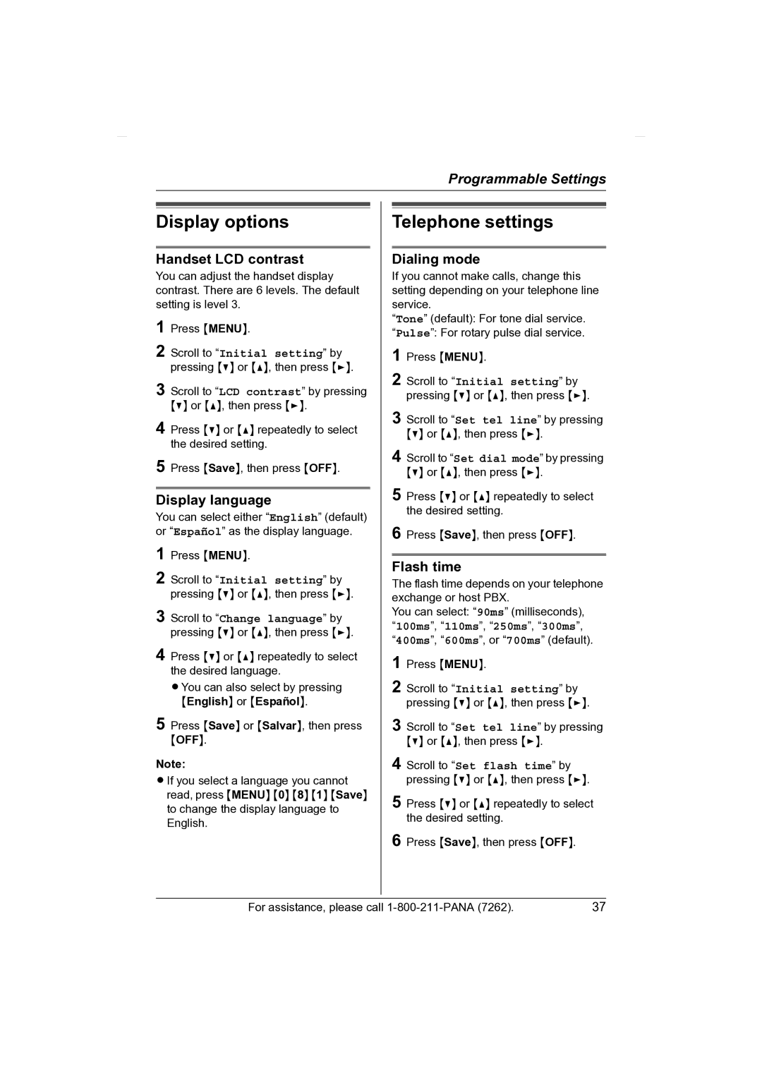 Panasonic KX-TG2431 operating instructions Display options, Telephone settings 