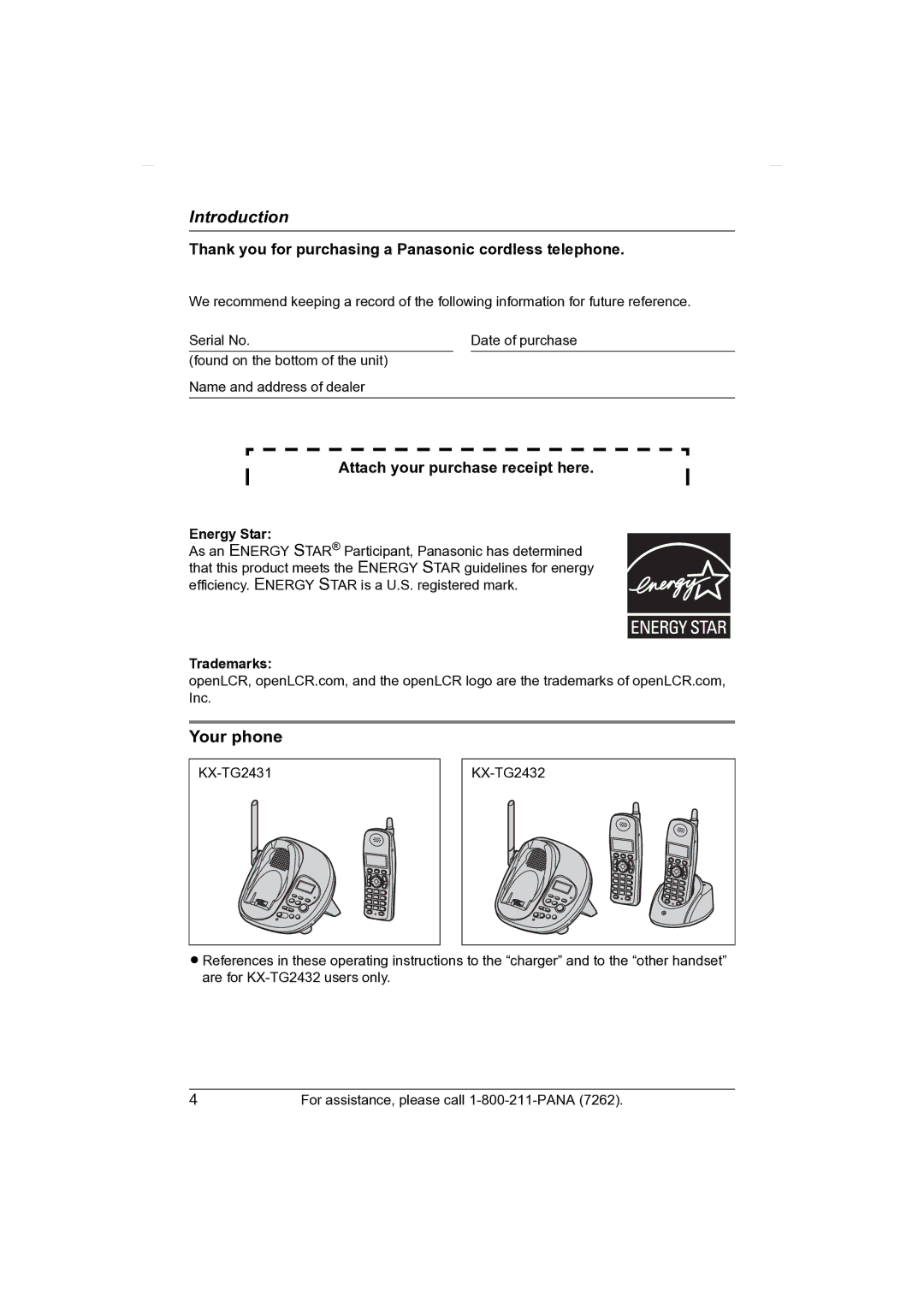 Panasonic KX-TG2431 operating instructions Your phone, Energy Star, Trademarks 