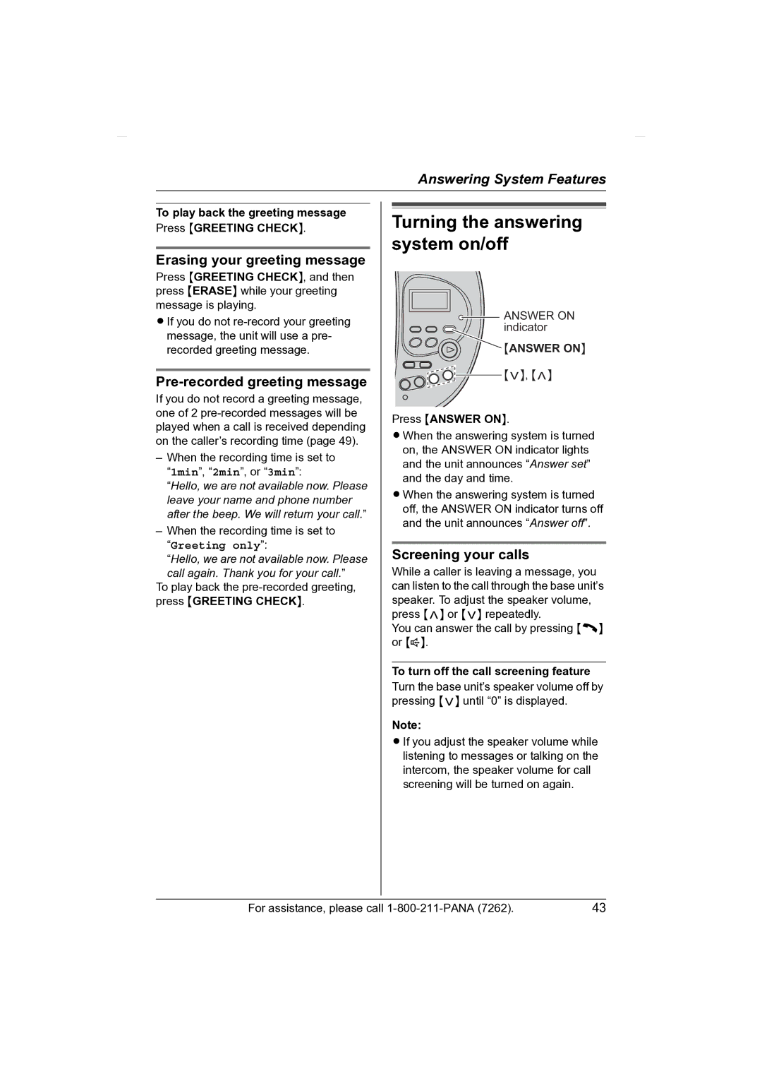 Panasonic KX-TG2431 Erasing your greeting message, Pre-recorded greeting message, Screening your calls 