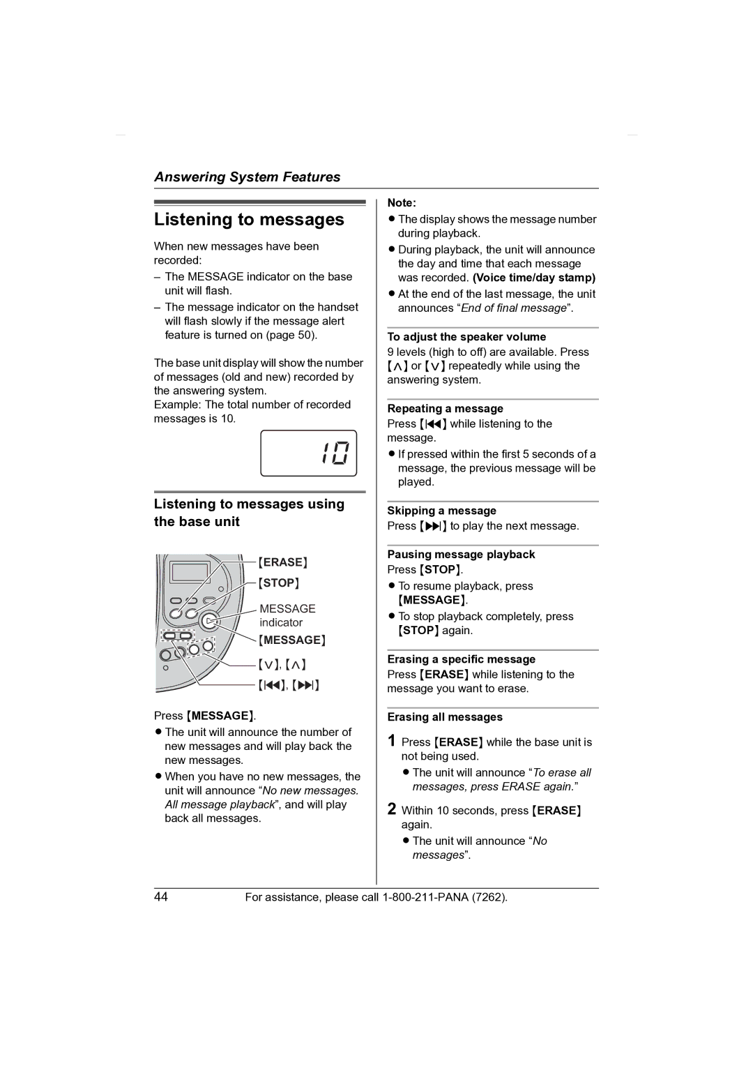 Panasonic KX-TG2431 operating instructions Listening to messages using the base unit 