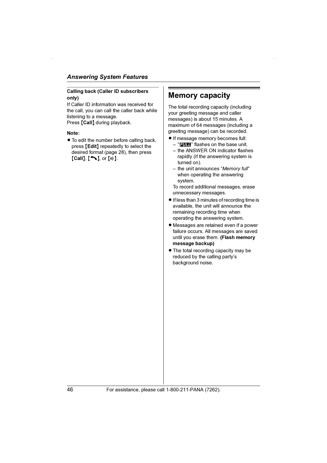 Panasonic KX-TG2431 operating instructions Memory capacity, Calling back Caller ID subscribers only 