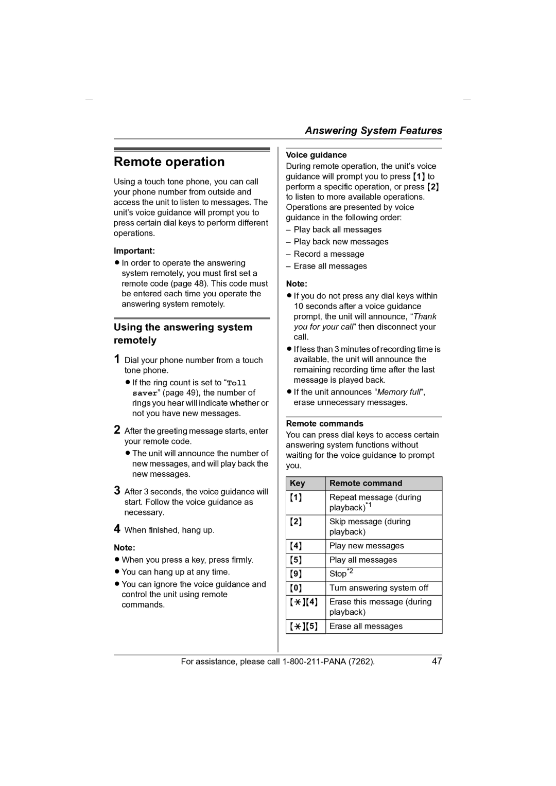 Panasonic KX-TG2431 Remote operation, Using the answering system remotely, Remote commands, Key Remote command 