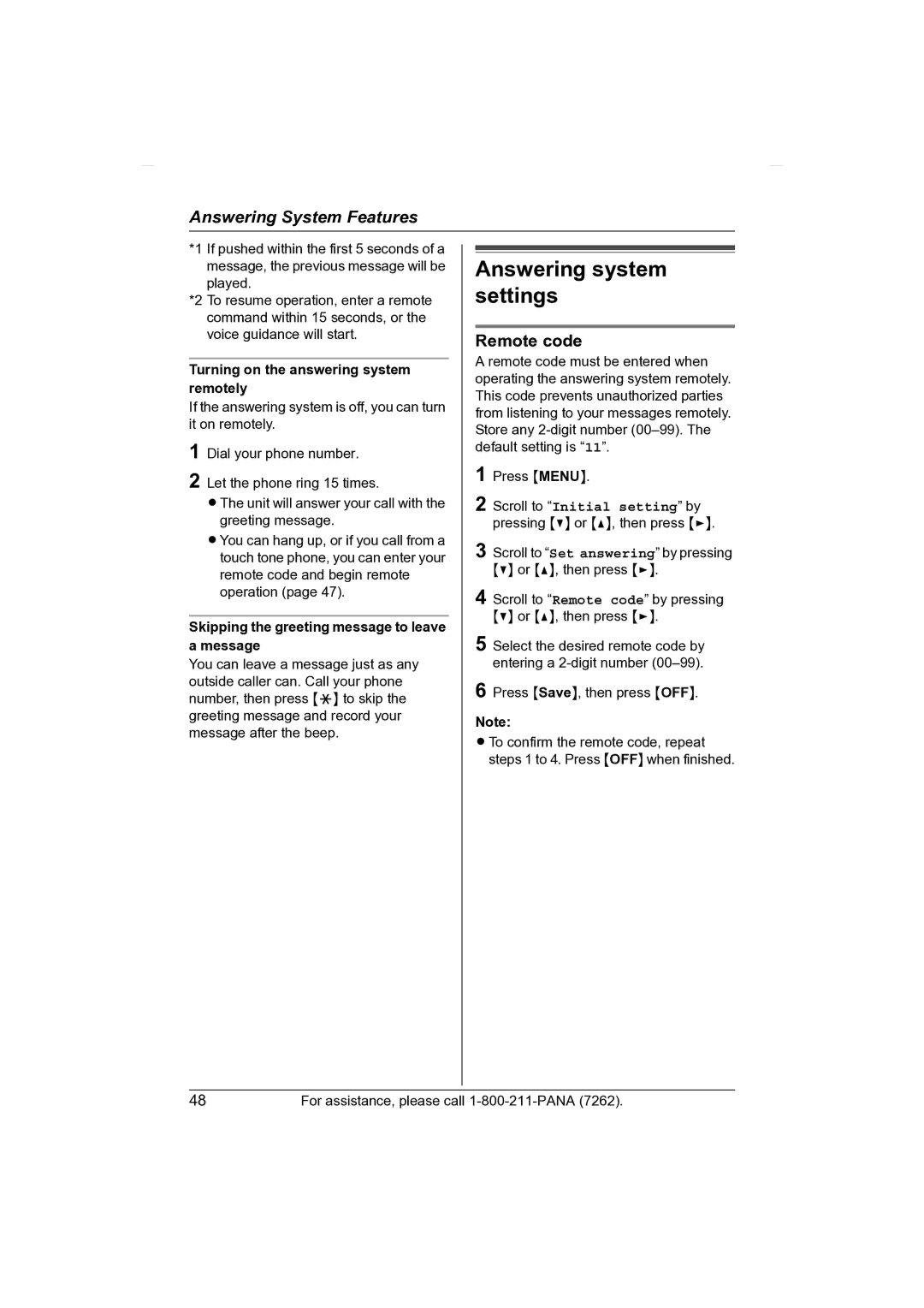 Panasonic KX-TG2431 operating instructions Answering system settings, Remote code, Turning on the answering system remotely 