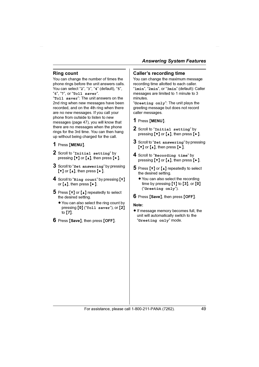 Panasonic KX-TG2431 operating instructions Ring count, Caller’s recording time, Greeting only 