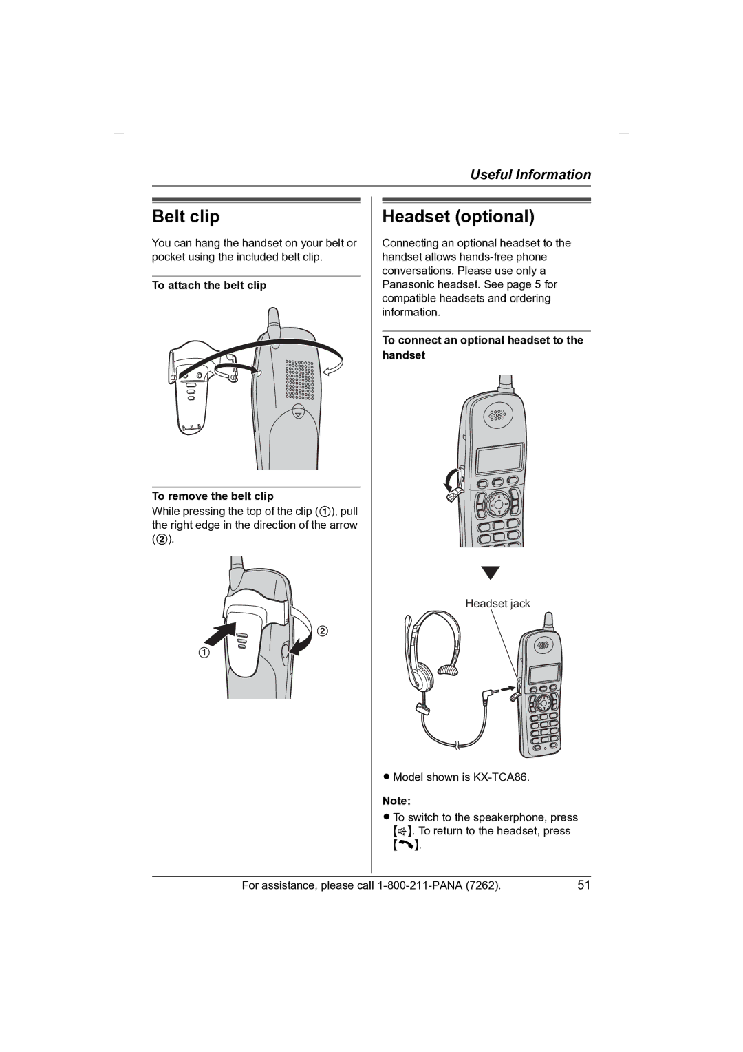 Panasonic KX-TG2431 operating instructions Belt clip, Headset optional, To attach the belt clip To remove the belt clip 