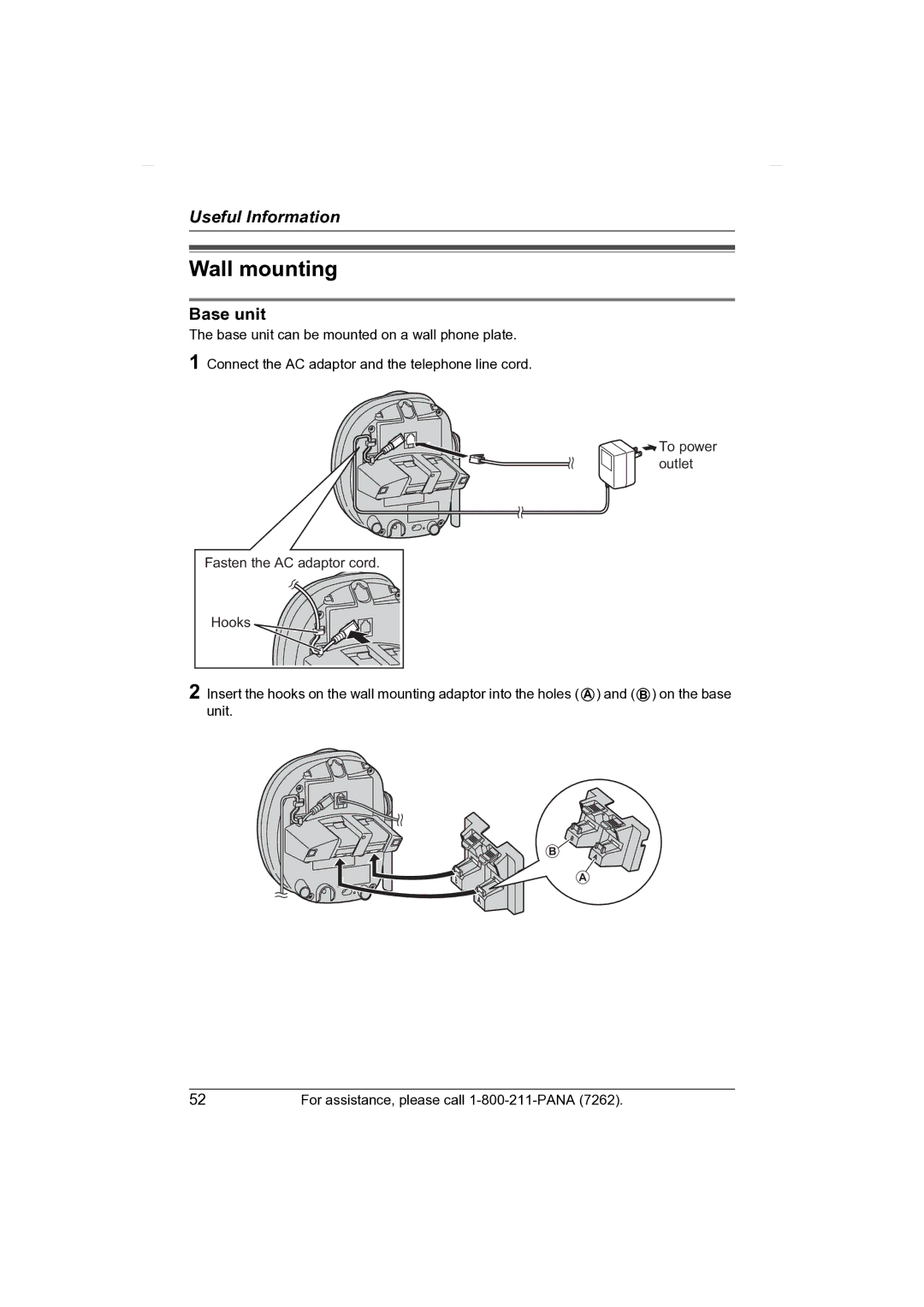 Panasonic KX-TG2431 operating instructions Wall mounting, Base unit 