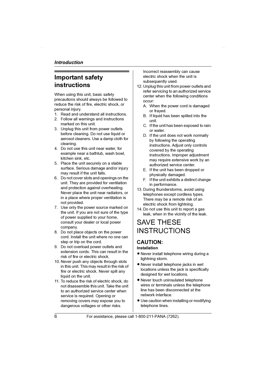 Panasonic KX-TG2431 operating instructions Important safety instructions, Installation 