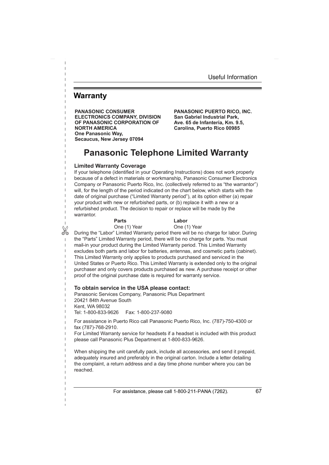 Panasonic KX-TG2431 operating instructions Warranty 