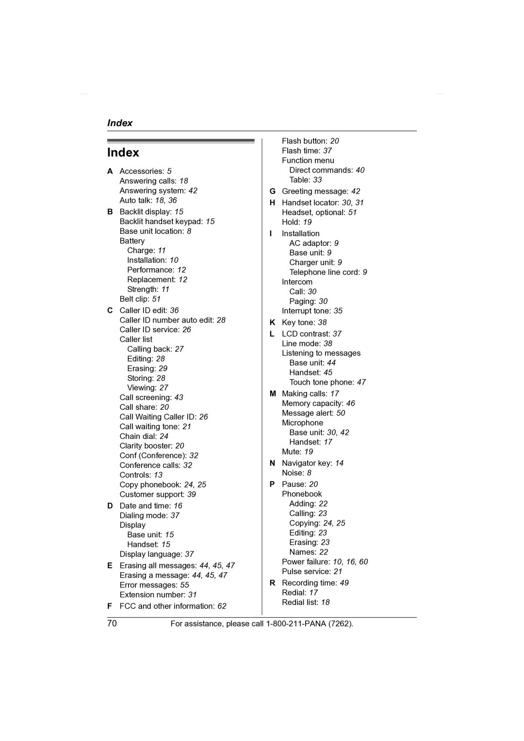 Panasonic KX-TG2431 operating instructions Index 