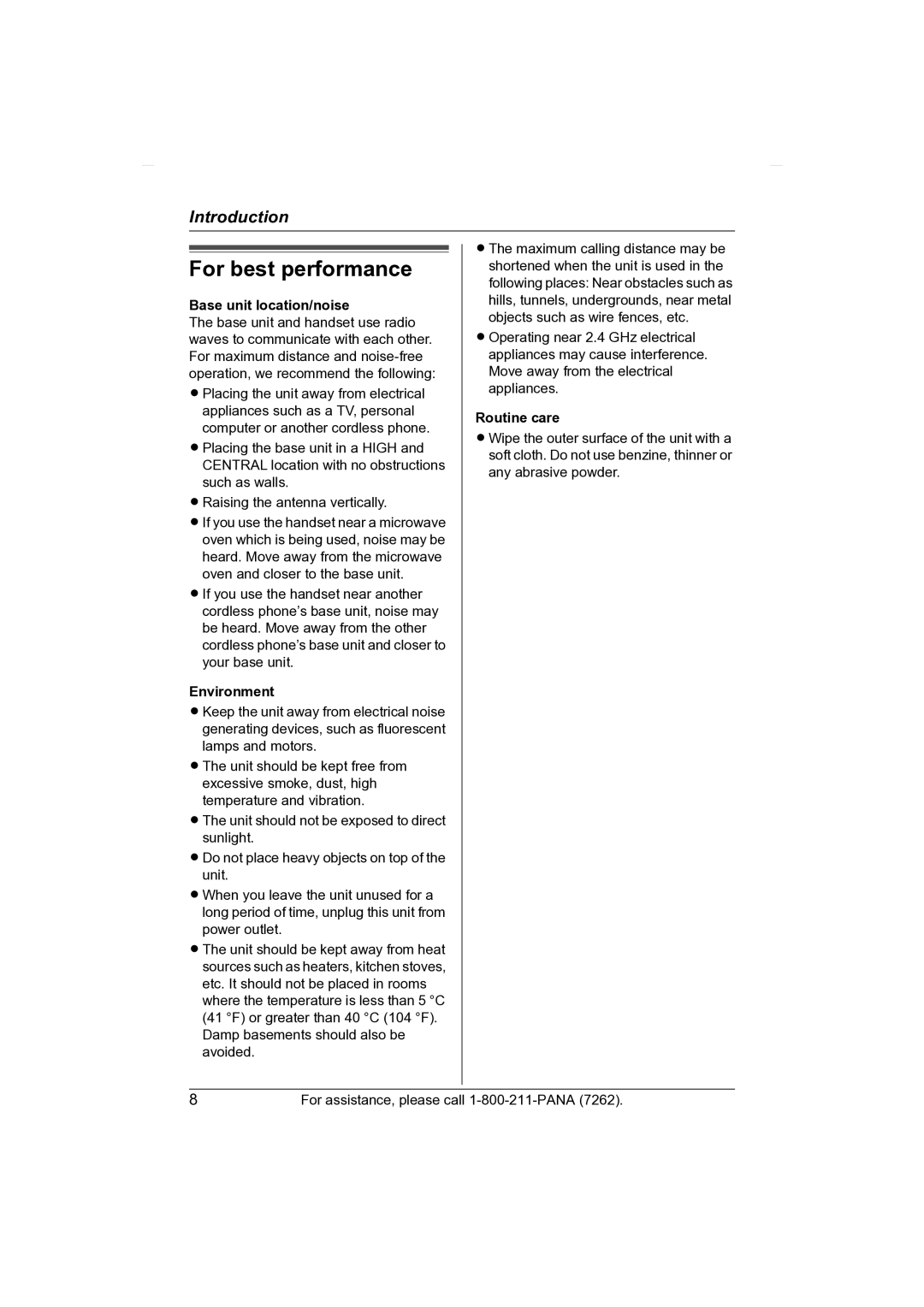 Panasonic KX-TG2431 operating instructions For best performance, Base unit location/noise, Environment, Routine care 