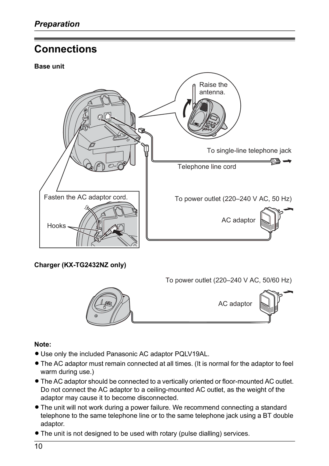 Panasonic KX-TG2431NZ operating instructions Connections, Base unit, Charger KX-TG2432NZ only 